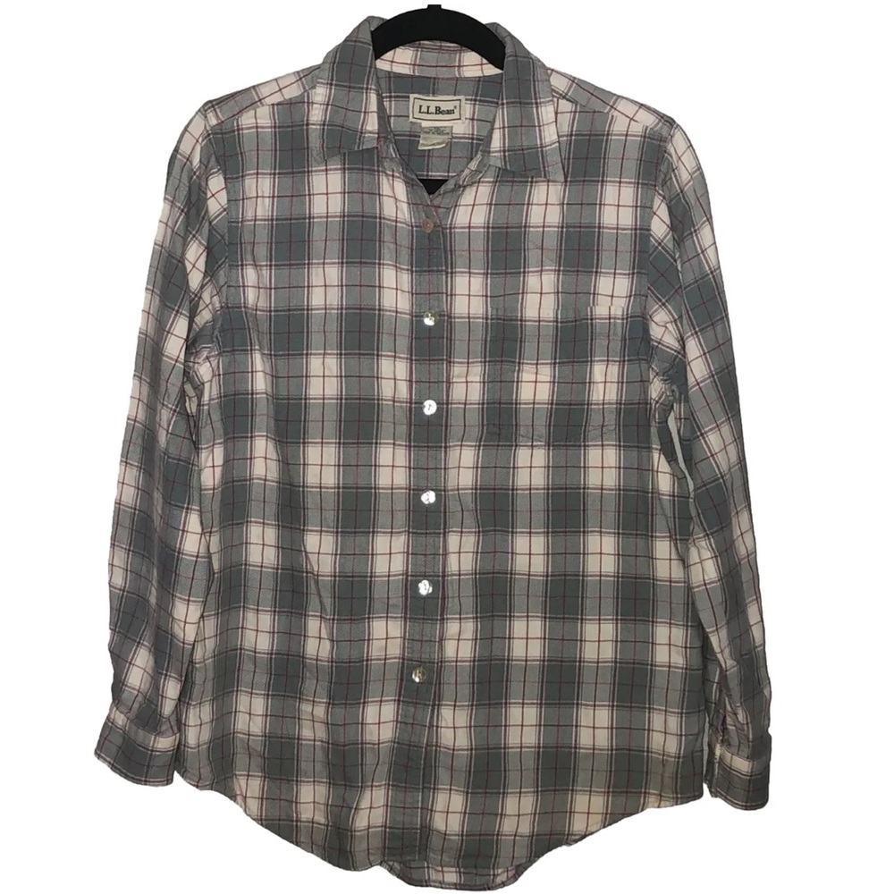 LL Bean Button Up Flannel Shirt Women's Size S Gray Pink Plaid 100% Cotton Top